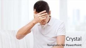  Presentation with head ache - PPT theme featuring unhappy man suffering from head background and a white colored foreground