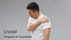  Presentation with shoulder pain - Colorful theme enhanced with unhappy man suffering from pain backdrop and a light gray colored foreground