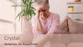  Presentation with health communication - PPT theme featuring unhappy-old-caucasian-woman-sit background and a soft green colored foreground