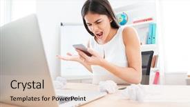  Presentation with angry miners - PPT theme with unhappy people - angry businesswoman screaming on phone background and a lemonade colored foreground