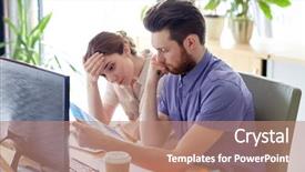  Presentation with files - Amazing slide deck having unhappy people - business team with computer backdrop and a coral colored foreground