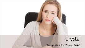  Presentation with woman sad - Beautiful PPT theme featuring unhappy people - sad worried beautiful woman sitting backdrop and a soft green colored foreground