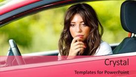  Presentation with woman car driver map - Cool new slides with unhappy people - young pretty scared woman backdrop and a coral colored foreground