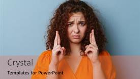  Presentation with good luck - Audience pleasing slide set consisting of unhappy-redhead-curly-girl-holding backdrop and a red colored foreground