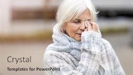  Presentation with tissue - Amazing PPT theme having unhappy-senior-woman-wipes backdrop and a soft green colored foreground