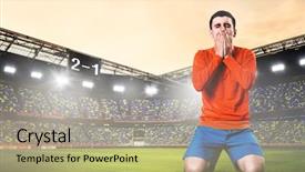  Presentation with hands down - Slides with unhappy soccer or football player background and a  colored foreground