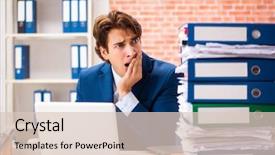  Presentation with elegant man in glasses optics - Audience pleasing slide deck consisting of unhappy with too much work backdrop and a lemonade colored foreground