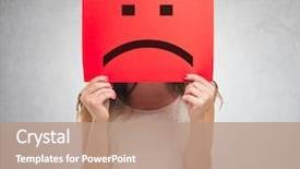  Presentation with woman sad - Beautiful presentation theme featuring unhappy woman holding a sad backdrop and a coral colored foreground