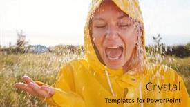  Presentation with outdoor festival - PPT theme having waterproofing - unhappy woman in rain wearing background and a gold colored foreground