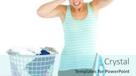  Presentation with ironing - PPT theme consisting of unhappy woman ironing her clothes against a white background background and a cool aqua colored foreground