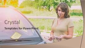  Presentation with ticket - Cool new slide deck with unhappy-woman-showing-parking-ticket backdrop and a soft green colored foreground