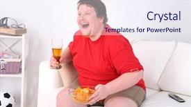  Presentation with television watching - Presentation theme with unhealthy eating - lazy overweight male sitting background and a sky blue colored foreground