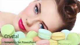  Presentation with colorful odontology teeth - PPT theme with unhealthy eating - portrait of young beautiful woman background and a soft green colored foreground