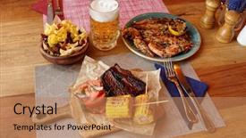  Presentation with food corn chips - PPT theme consisting of unhealthy pub food - grilled meat background and a coral colored foreground