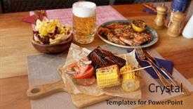  Presentation with food corn chips - Beautiful presentation featuring unhealthy pub food - grilled meat backdrop and a coral colored foreground