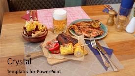  Presentation with food corn chips - Presentation design having unhealthy pub food - grilled meat background and a coral colored foreground