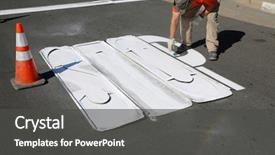  Presentation with stop signs - Presentation design enhanced with unidentifiable department of transportation workers background and a dark gray colored foreground