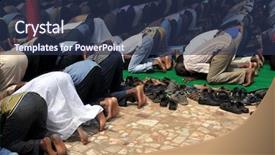  Presentation with omrah muslim people praying - Slide set enhanced with unidentifiable muslim men praying facing background and a navy blue colored foreground
