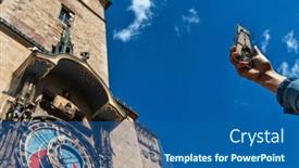  Presentation with prague astronomical clock - PPT theme consisting of unidentified-person-with-a-smartphone background and a ocean colored foreground