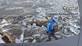  Presentation with mountain hiking - Colorful theme enhanced with unidentified-tourist-with-backpack-going backdrop and a light gray colored foreground