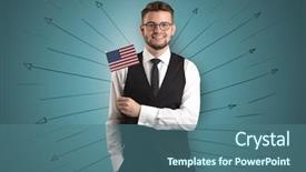  Presentation with flag - Colorful PPT theme enhanced with unification - smiling young man standing backdrop and a  colored foreground