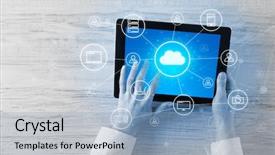  Presentation with cloud computing - Presentation theme with unified - hand touching tablet with cloud background and a light blue colored foreground