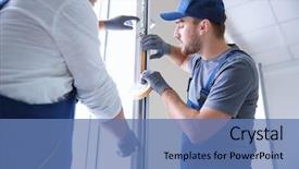  Presentation with house window - Beautiful slide set featuring workers replacement - construction worker with trainee installing backdrop and a teal colored foreground