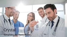  Presentation with tests - Beautiful PPT theme featuring uniform doing tests in laboratory backdrop and a light blue colored foreground