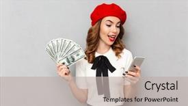  Presentation with mobile money - Amazing PPT theme having uniform holding bunch of money backdrop and a light gray colored foreground