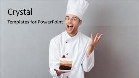  Presentation with chef - Beautiful PPT layouts featuring uniform holding plate with pie backdrop and a light gray colored foreground
