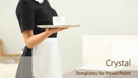  Presentation with hotel housekeeping - Slides with uniform housekeeping - hotel service concept chambermaid holding background and a cream colored foreground