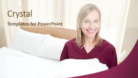  Presentation with room cleaning - Presentation theme featuring uniform housekeeping - radiant young cleaning lady holding background and a cream colored foreground