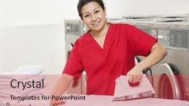  Presentation with laundromat - Cool new PPT theme with uniform ironing clothes in laundromat backdrop and a red colored foreground