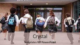  Presentation with high school students - Slide set enhanced with uniform running into school building background and a mint green colored foreground