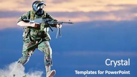  Presentation with shooting gun - Presentation design featuring uniform running with machine background and a ocean colored foreground