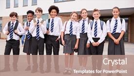  Presentation with culture - Slide deck with uniform standing outside school building background and a coral colored foreground