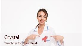  Presentation with doctor helps to get out of bed an elderly woman - PPT theme featuring uniform with a red ribbon background and a sky blue colored foreground