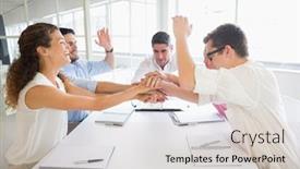  Presentation with conference table - Presentation design with united business people stacking hands at conference table in office background and a lemonade colored foreground