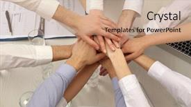  Presentation with team business top view - Presentation theme enhanced with united hands of business team on workspace background top view background and a coral colored foreground