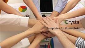  Presentation with team business top view - Theme consisting of united hands of business team on workspace background top view background and a coral colored foreground