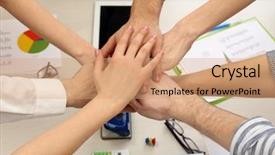  Presentation with team business top view - PPT theme with united hands of business team on workspace background top view background and a coral colored foreground