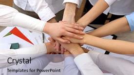  Presentation with team business top view - Presentation theme with united hands of business team on workplace background top view background and a light blue colored foreground