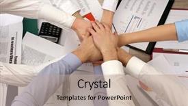  Presentation with team business top view - PPT theme having united hands of business team on workspace background top view background and a coral colored foreground