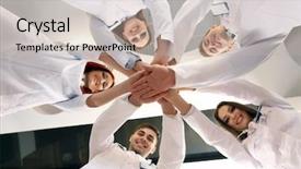  Presentation with team hands - Presentation theme featuring united hands of medical team background and a soft green colored foreground