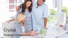  Presentation with interior designer - Presentation theme consisting of united smiling team of interior background and a light blue colored foreground