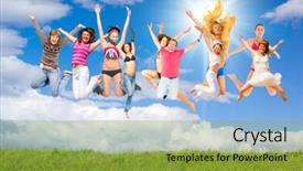  Presentation with united - Beautiful theme featuring united success jumping together backdrop and a gold colored foreground