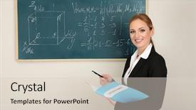  Presentation with light bulbs on chalkboard - PPT theme consisting of class register - portrait of teacher woman near background and a lemonade colored foreground