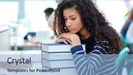  Presentation with sad girl - Beautiful slide deck featuring univercity - young curly african american girl backdrop and a light blue colored foreground