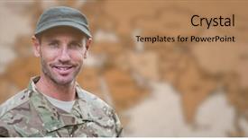  Presentation with abstract blue map - Cool new presentation design with universal - digital composite of soldier smiling backdrop and a coral colored foreground