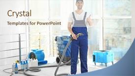  Presentation with flat - Amazing PPT theme having universal - dry cleaner's employee working backdrop and a cream colored foreground